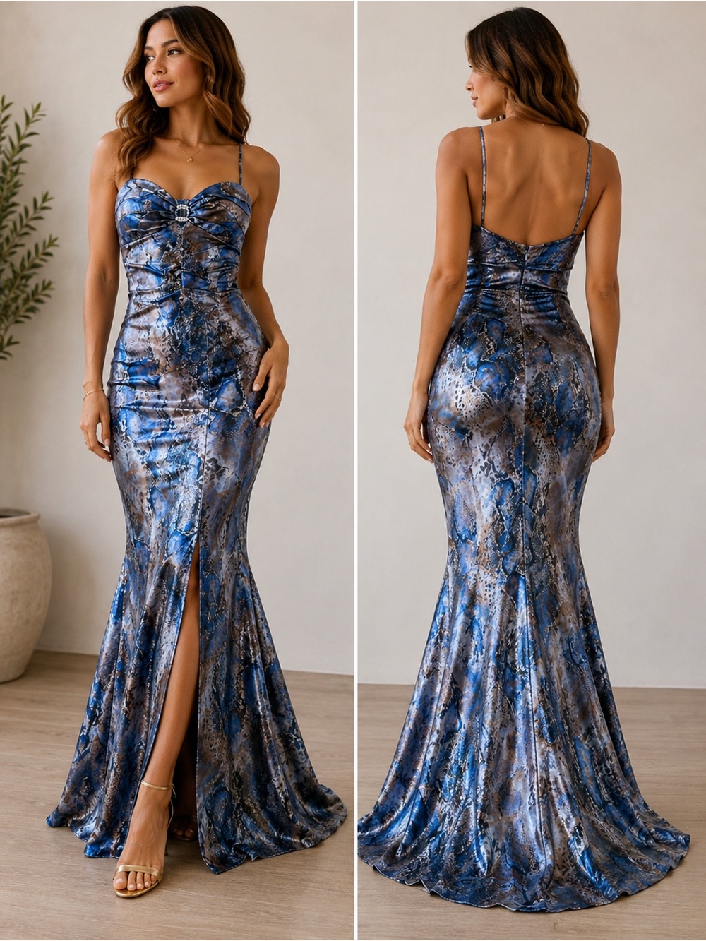 Blondie Nites Blue Snake-Print Mermaid Maxi Gown w/ Front Center Slit Homecoming
